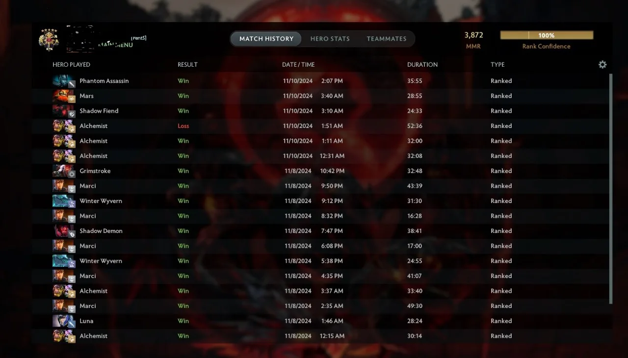 Dota 2 Match History - 3872 MMR