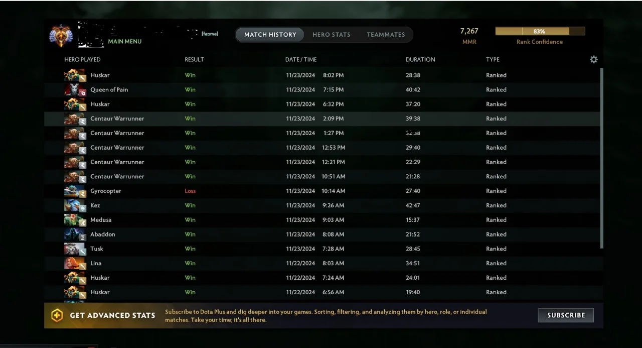 Dota 2 Match History - 7267 MMR