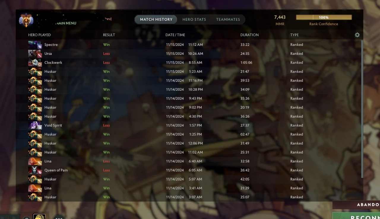 Dota 2 Match History - 7443 MMR